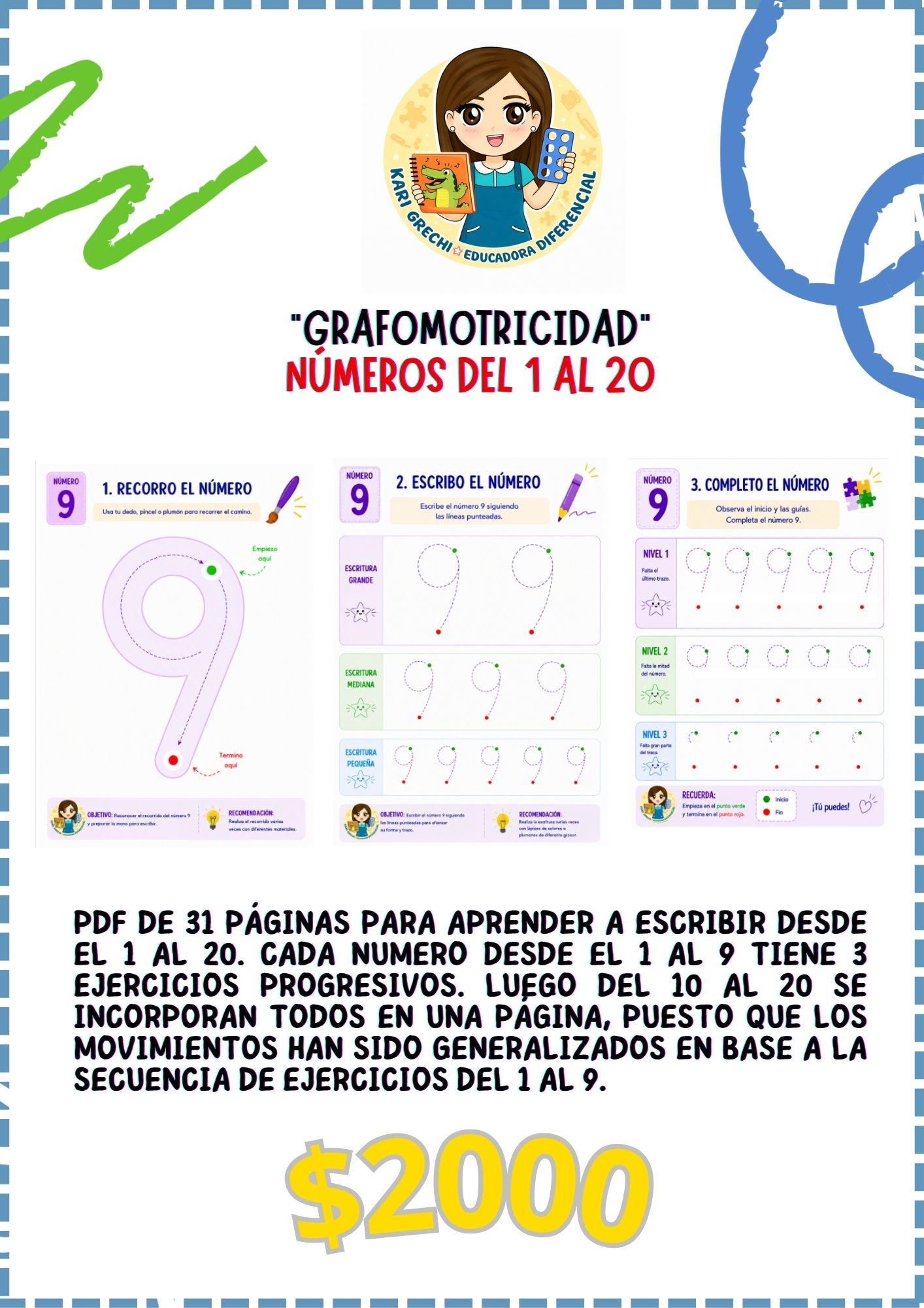 Ficha del catálogo: grafomotricidad del 1 al 20